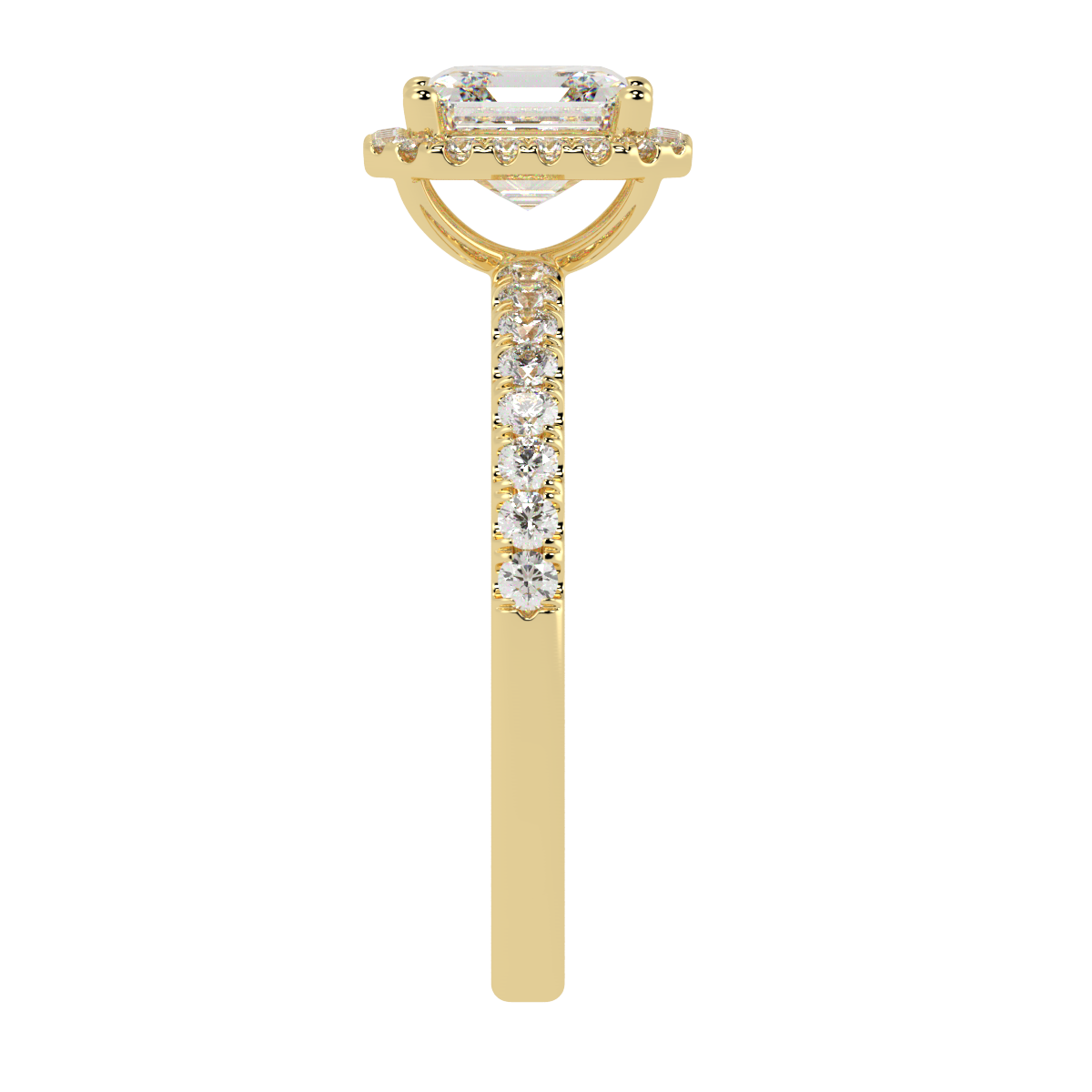 Modern Asscher Cut Halo Ring in yellow gold, side view