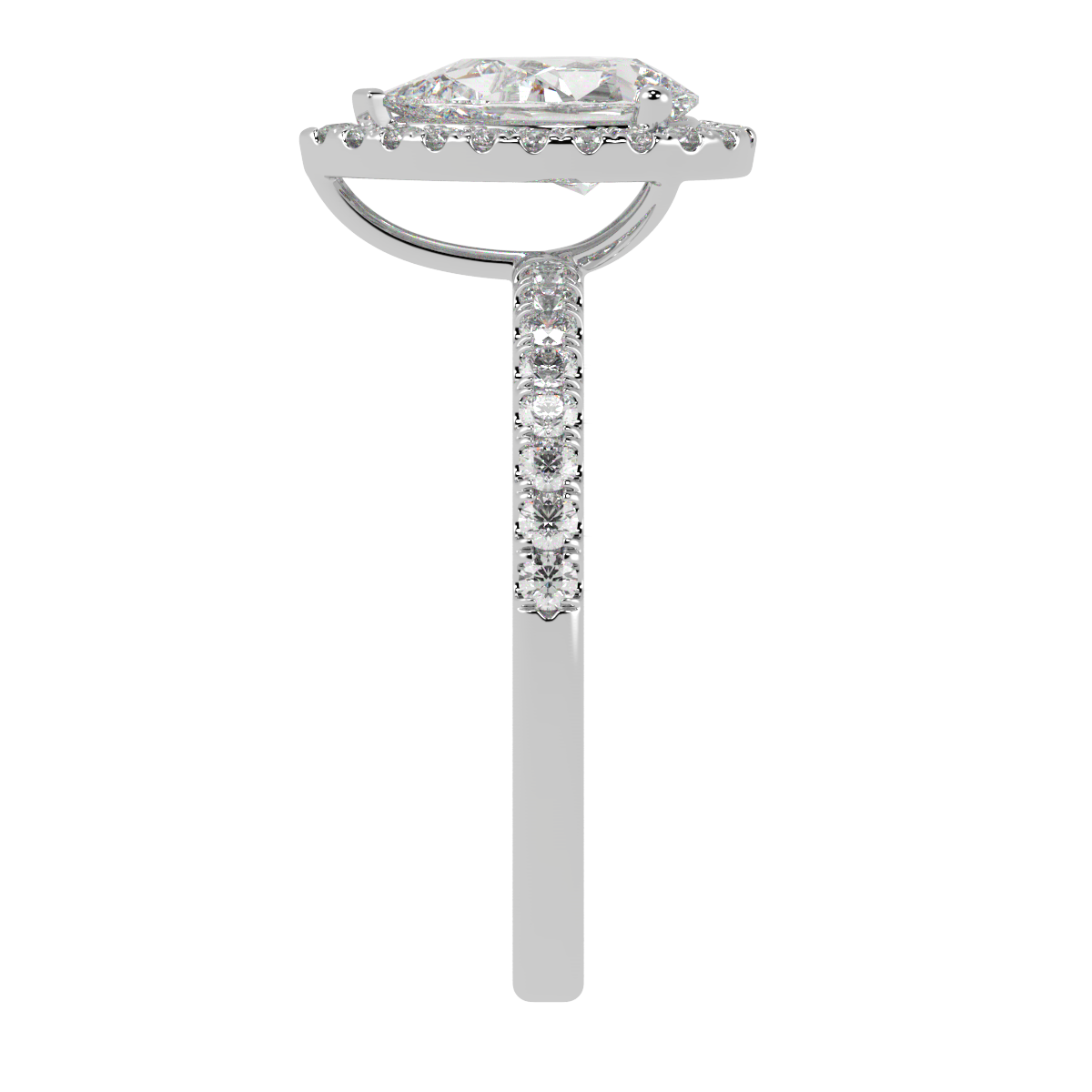 Modern Pear Cut Halo Ring in white gold or platinum, side view