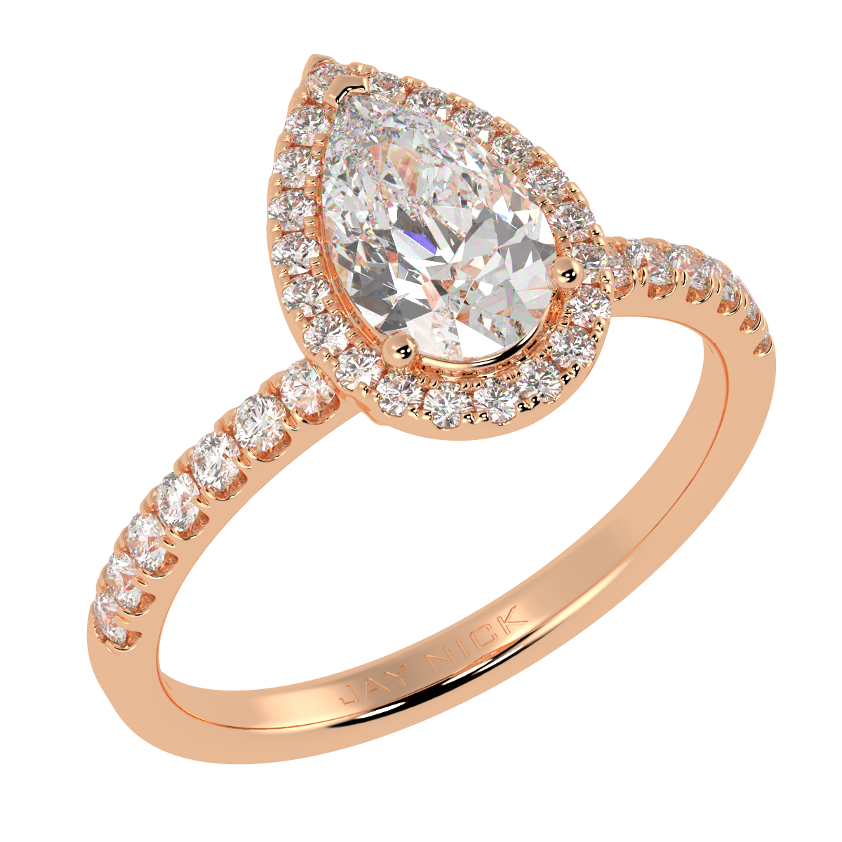 Modern Pear Cut Halo Ring in rose gold, perspective view