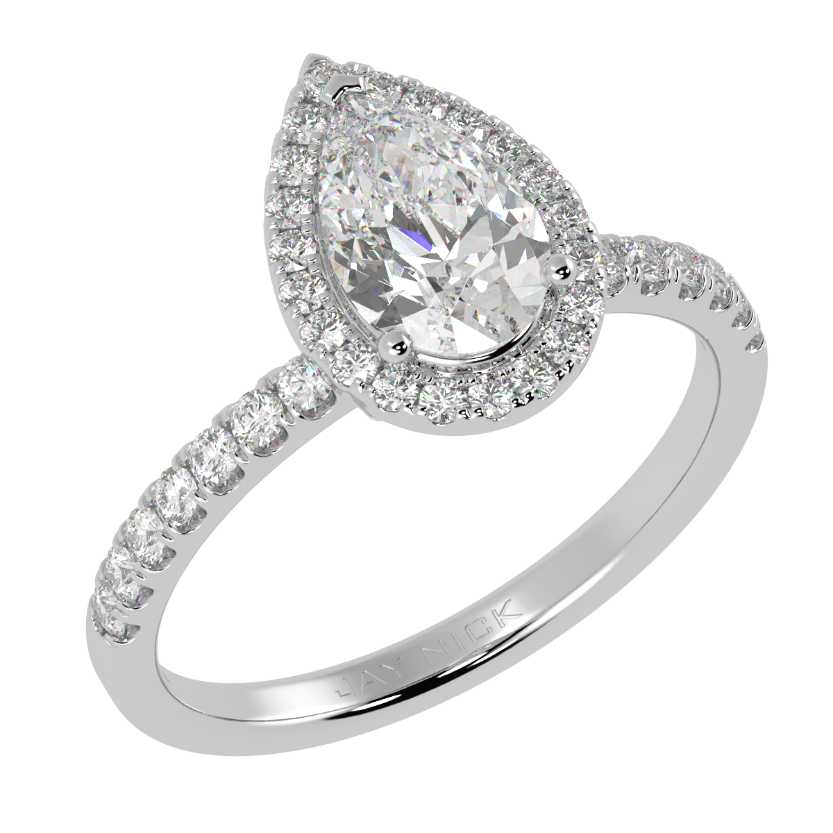 Modern Pear Cut Halo Ring in white gold or platinum, perspective view