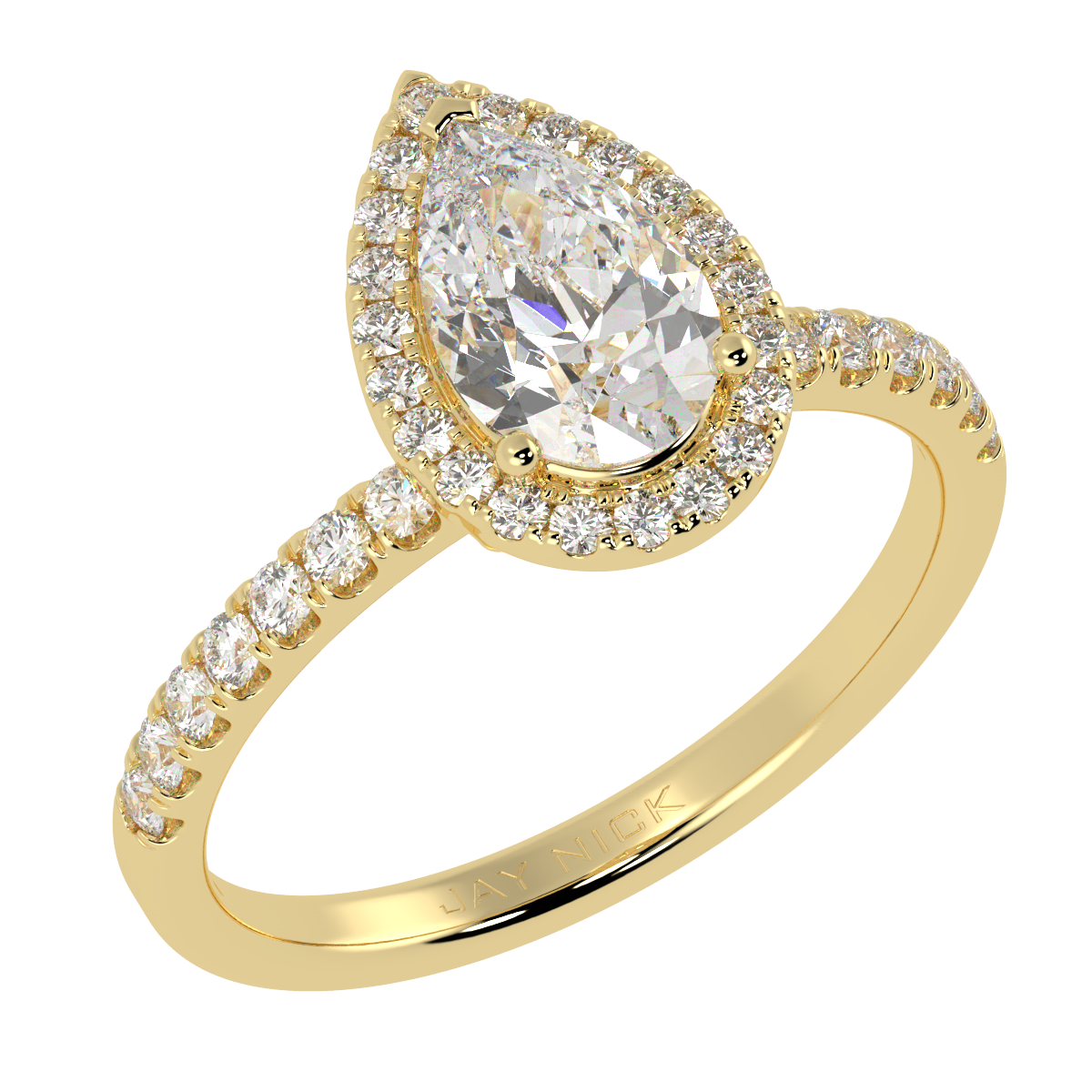 Modern Pear Cut Halo Ring in yellow gold, perspective view