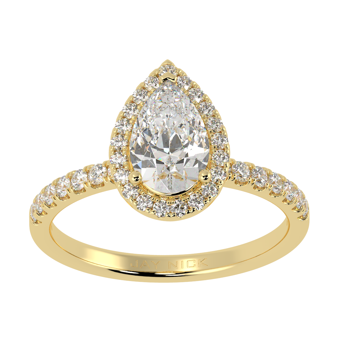 Modern Pear Cut Halo Ring in yellow gold, top view