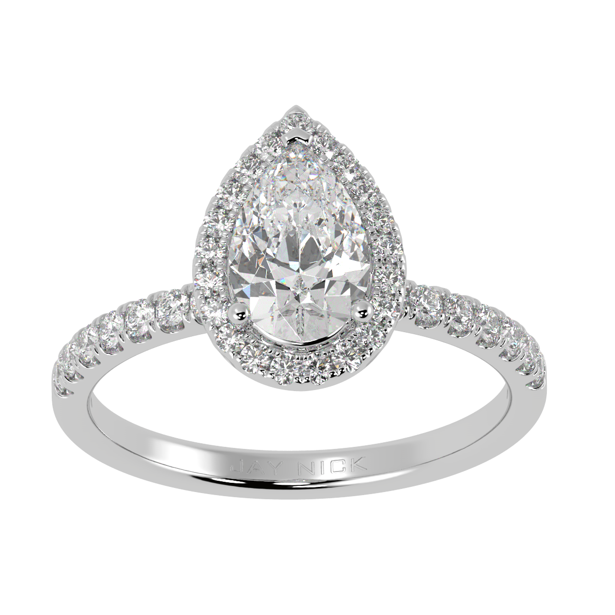 Modern Pear Cut Halo Ring in white gold or platinum, top view