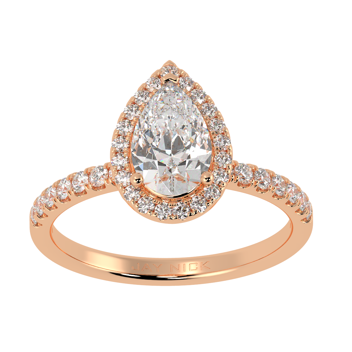 Modern Pear Cut Halo Ring in rose gold, top view