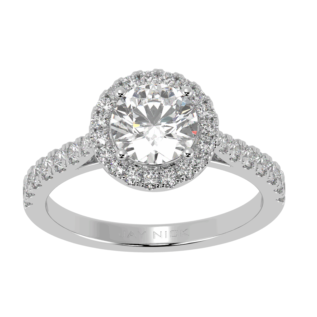 Classic Round Cut Halo Ring in white gold or platinum, top view