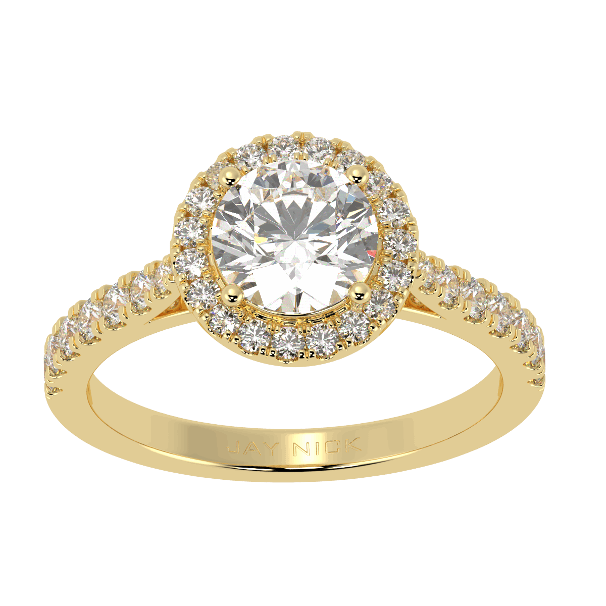 Classic Round Cut Halo Ring in yellow gold, top view