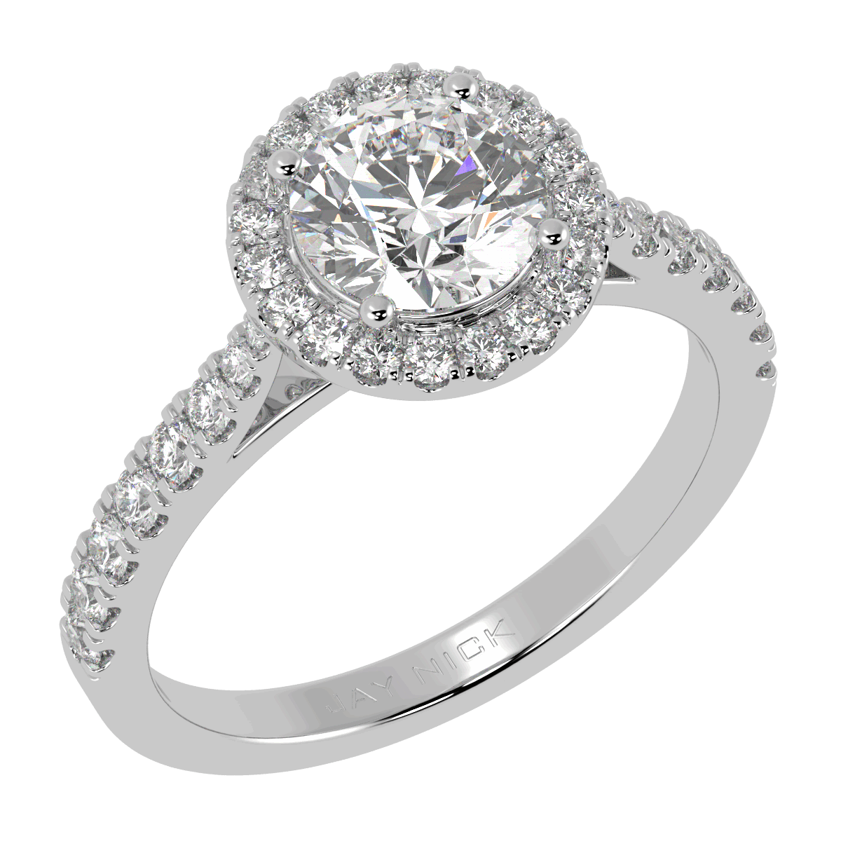 Classic Round Cut Halo Ring in white gold or platinum, perspective view