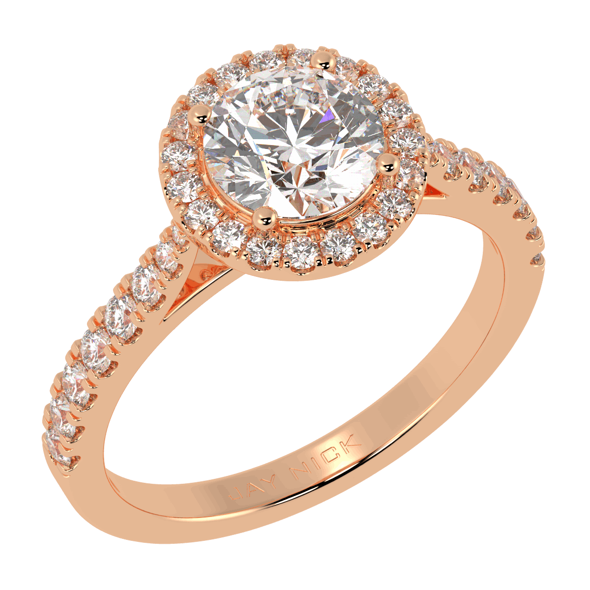 Classic Round Cut Halo Ring in rose gold, perspective view