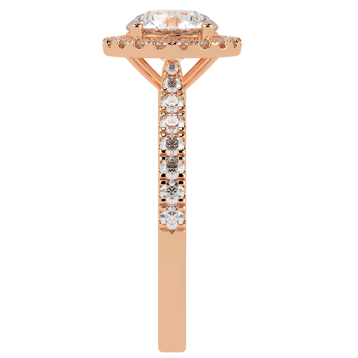 Classic Round Cut Halo Ring in rose gold, side view
