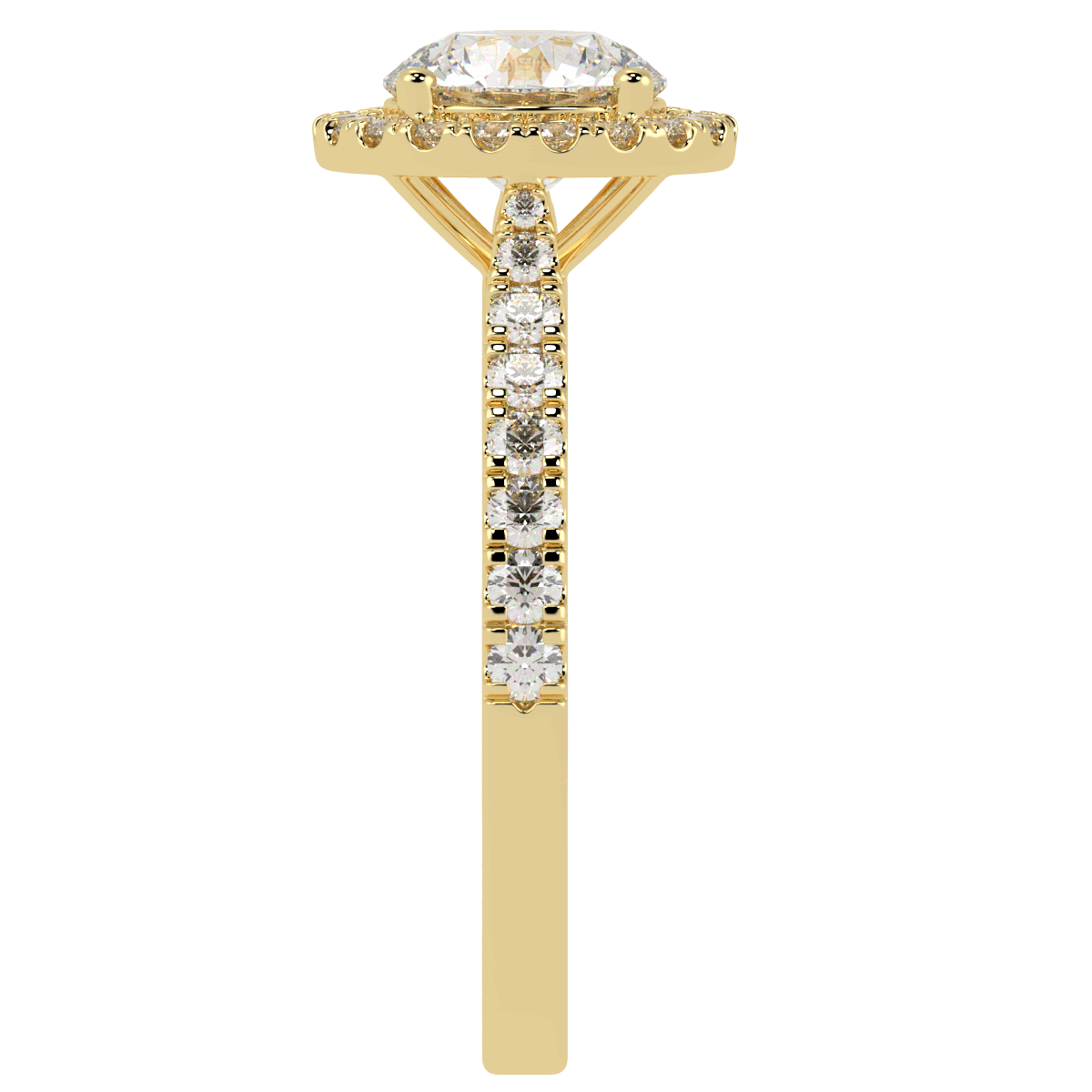 Classic Round Cut Halo Ring in yellow gold, side view