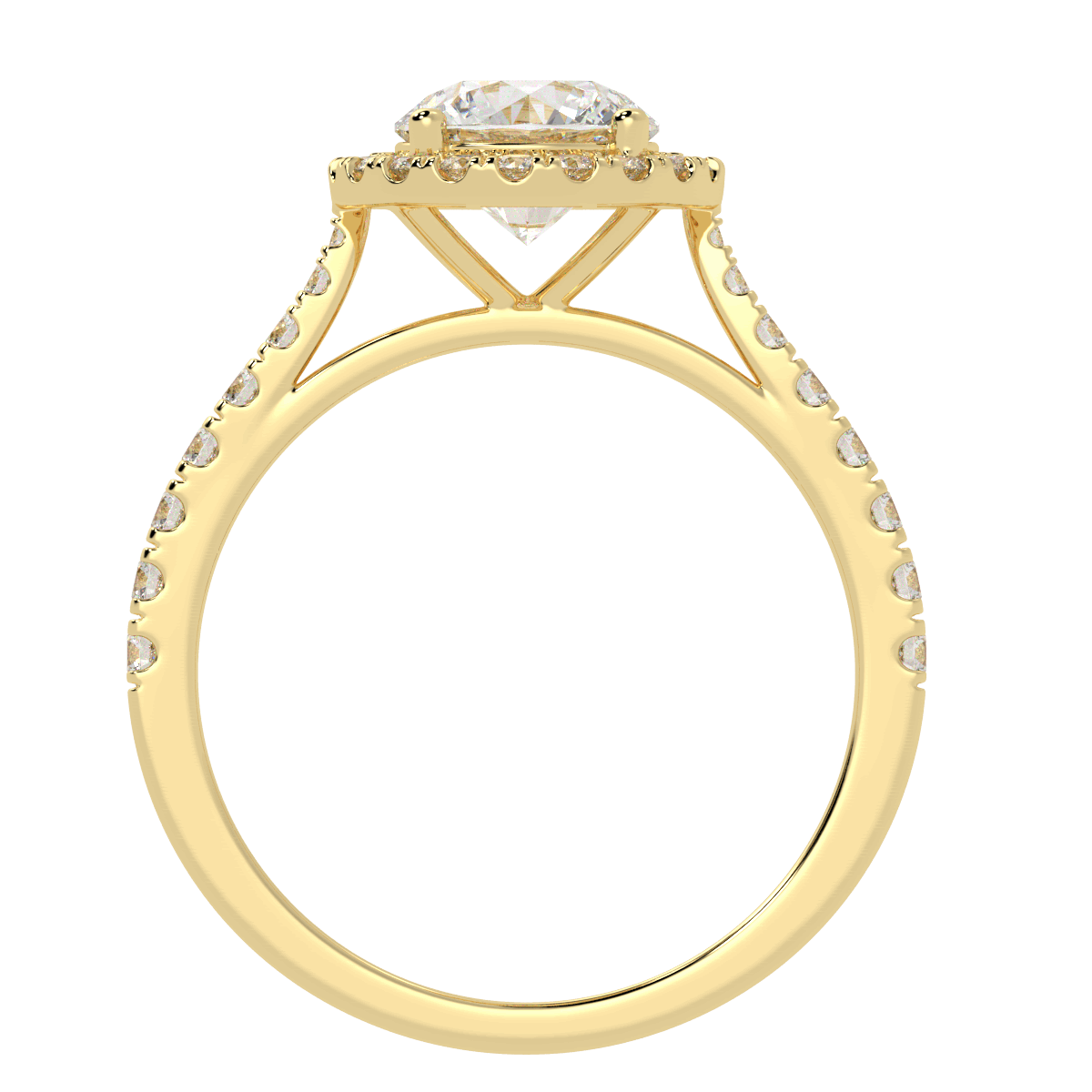 Classic Round Cut Halo Ring in yellow gold, flat view