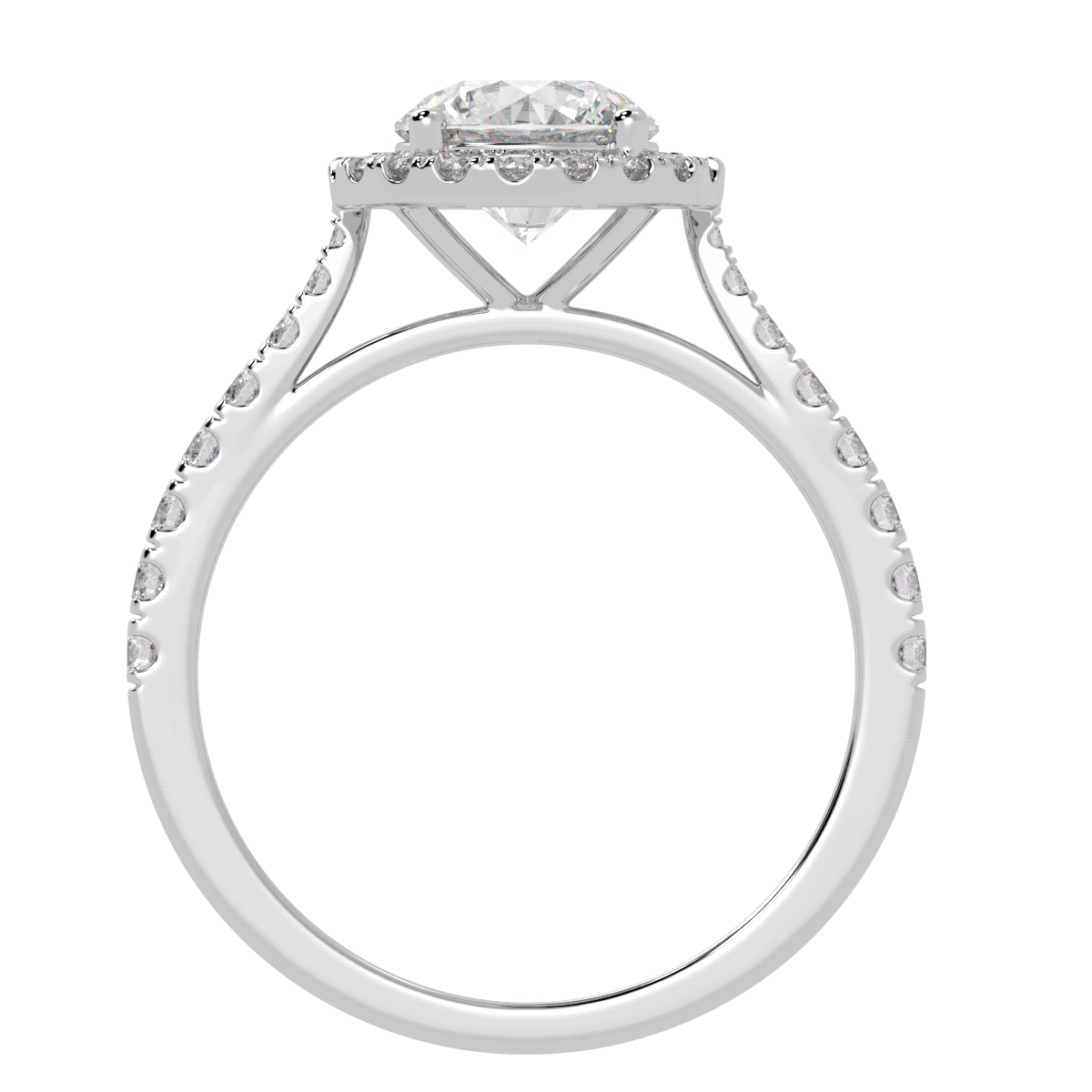 Classic Round Cut Halo Ring in white gold or platinum, flat view