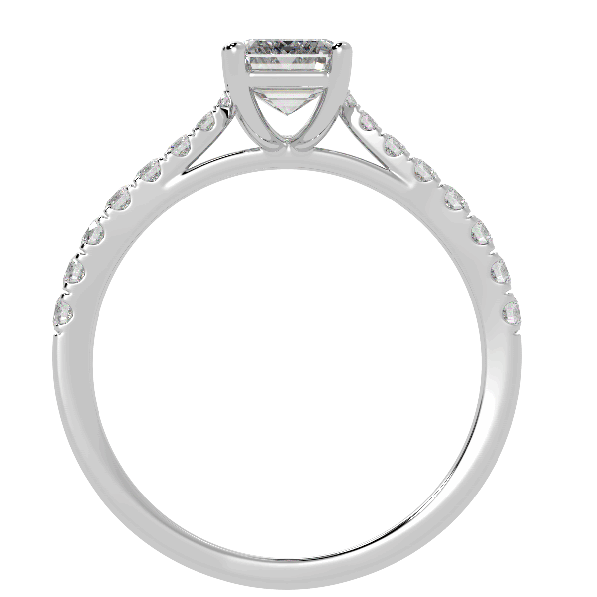 Classic Emerald Cut Diamond Shoulder Ring in white gold or platinum, flat view