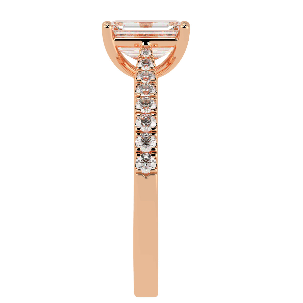 Classic Emerald Cut Diamond Shoulder Ring in rose gold, side view