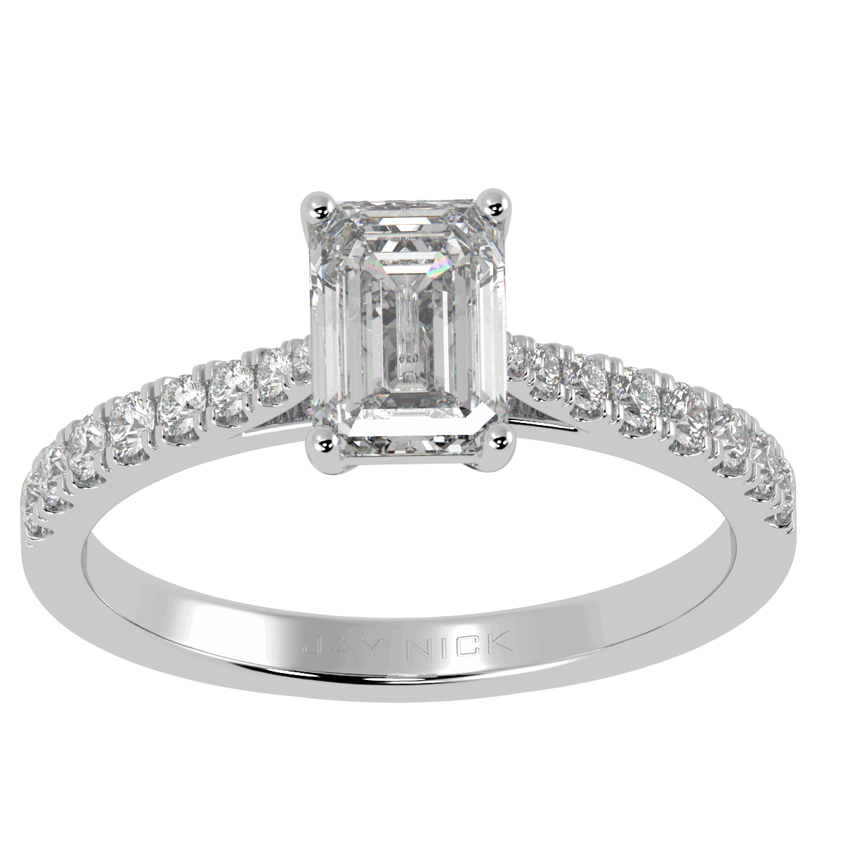 Classic Emerald Cut Diamond Shoulder Ring in white gold or platinum, top view