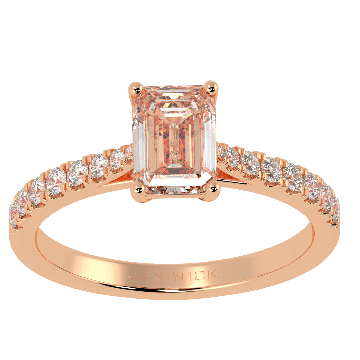 Classic Emerald Cut Diamond Shoulder Ring in rose gold, top view