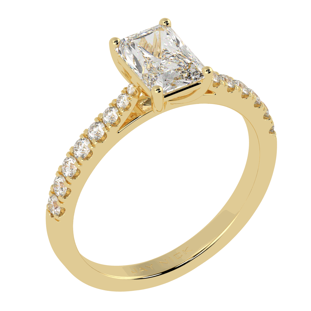Classic Radiant Cut Diamond Shoulder Ring in yellow gold, perspective view