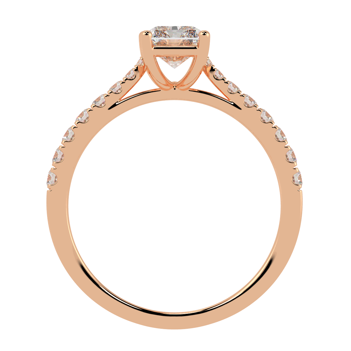Classic Radiant Cut Diamond Shoulder Ring in rose gold, flat view