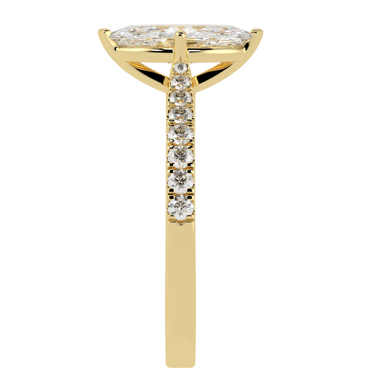 Classic Marquise Cut Diamond Shoulder Ring in yellow gold, side view