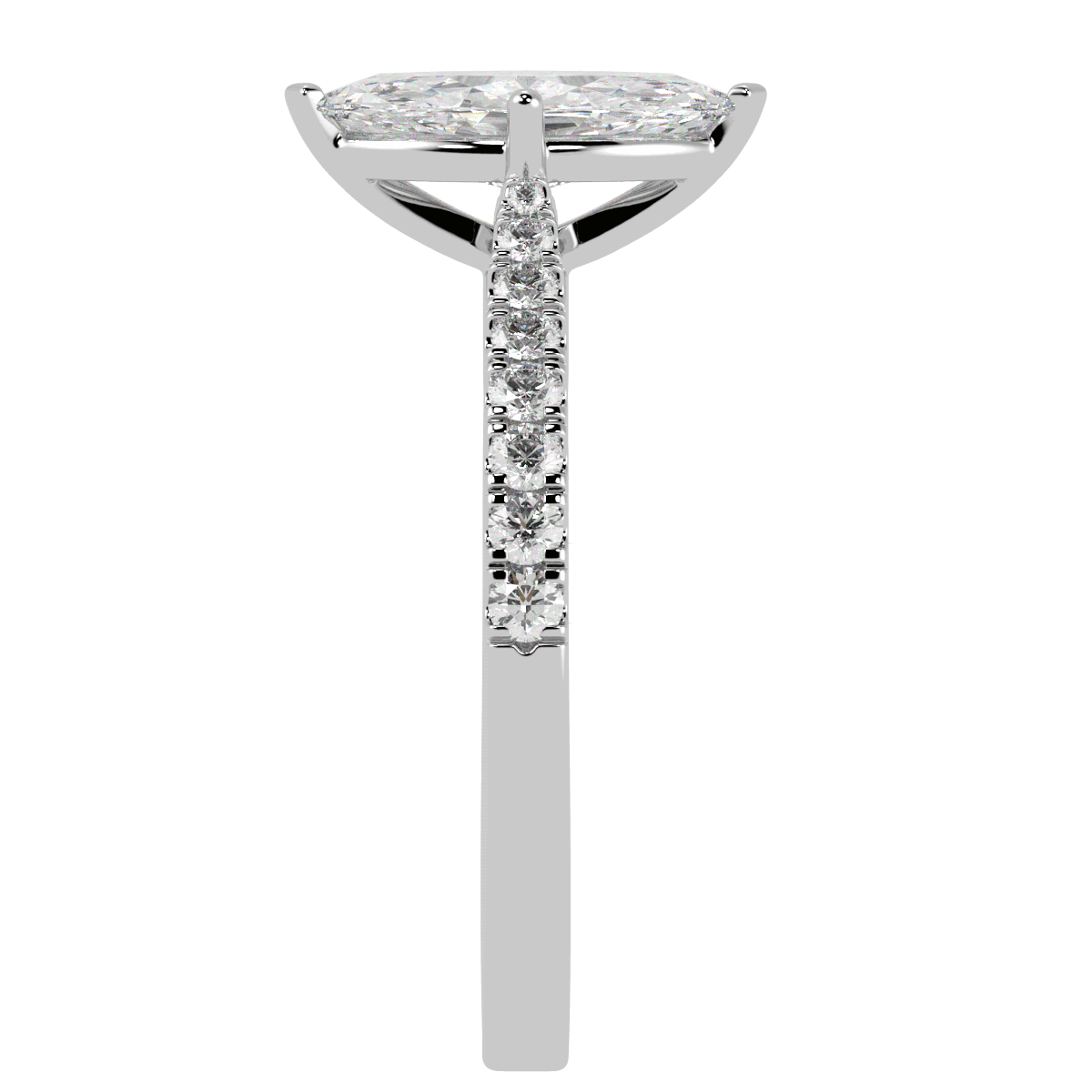 Classic Marquise Cut Diamond Shoulder Ring in white gold or platinum, side view