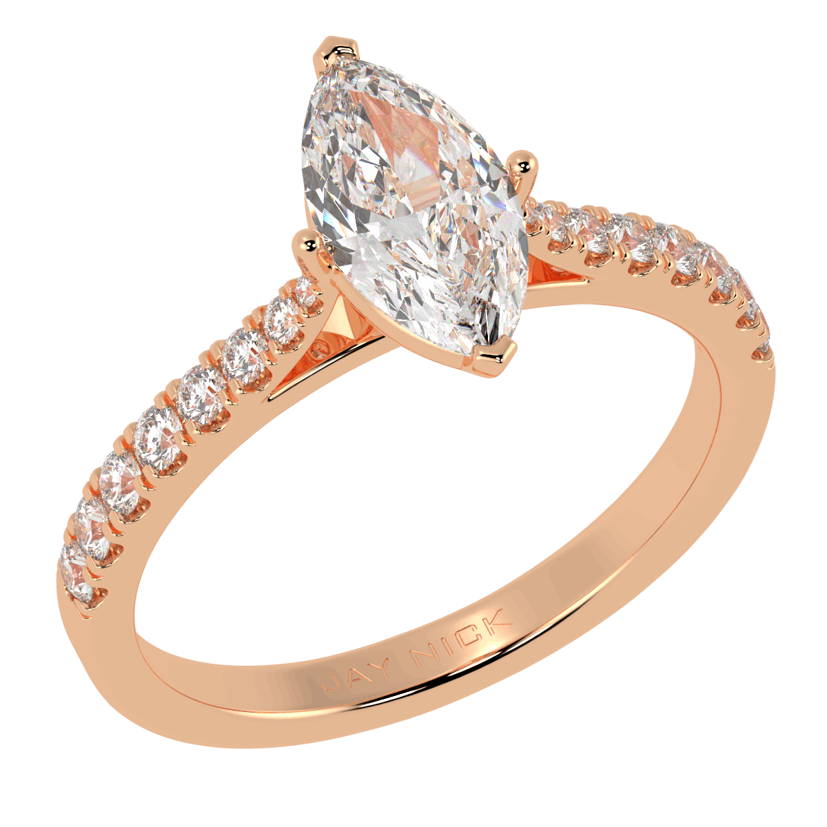 Classic Marquise Cut Diamond Shoulder Ring in rose gold, perspective view