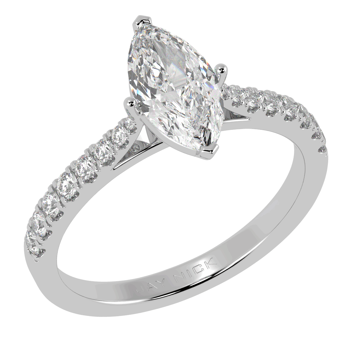 Classic Marquise Cut Diamond Shoulder Ring in white gold or platinum, perspective view