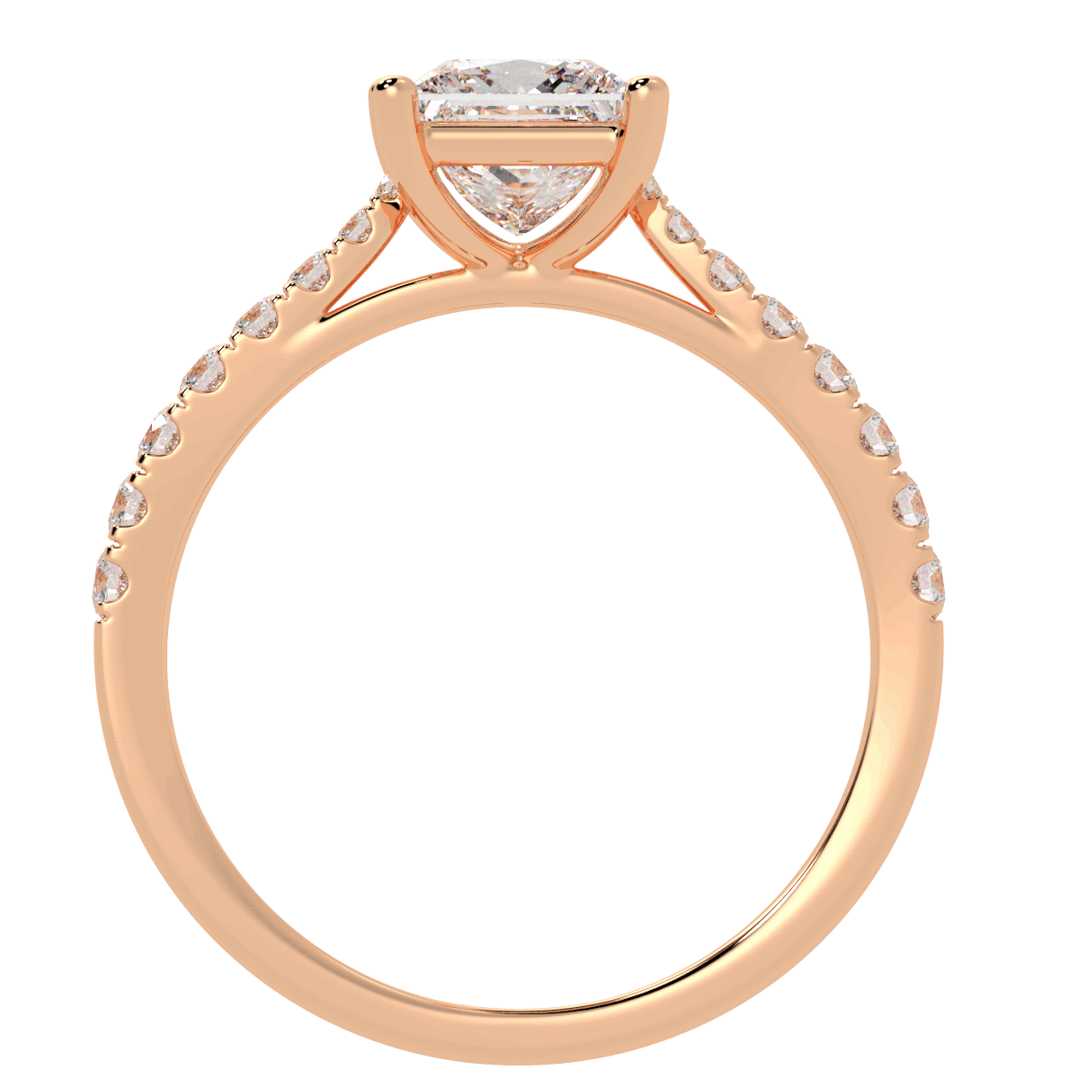 Classic Princess Cut Diamond Shoulder Ring in rose gold, flat view