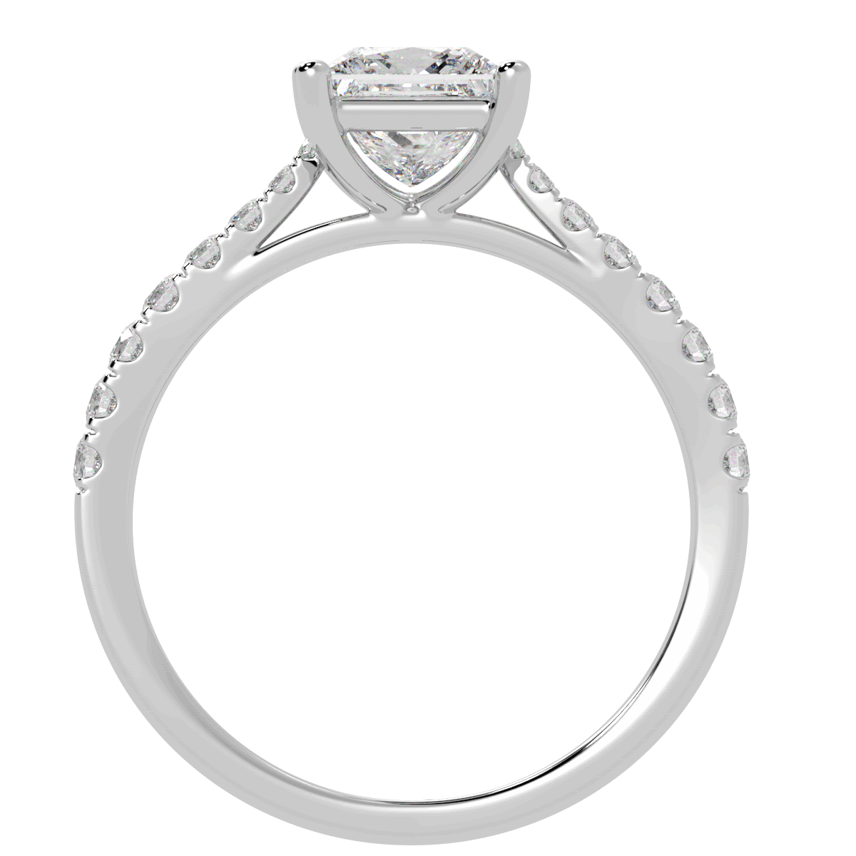 Classic Princess Cut Diamond Shoulder Ring in white gold or platinum, flat view