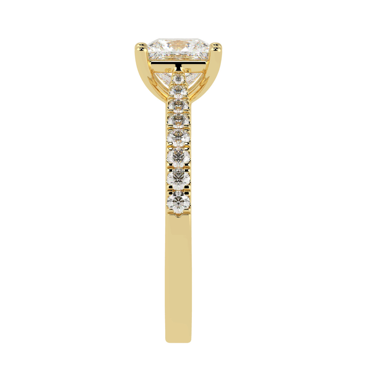 Classic Princess Cut Diamond Shoulder Ring in yellow gold, side view