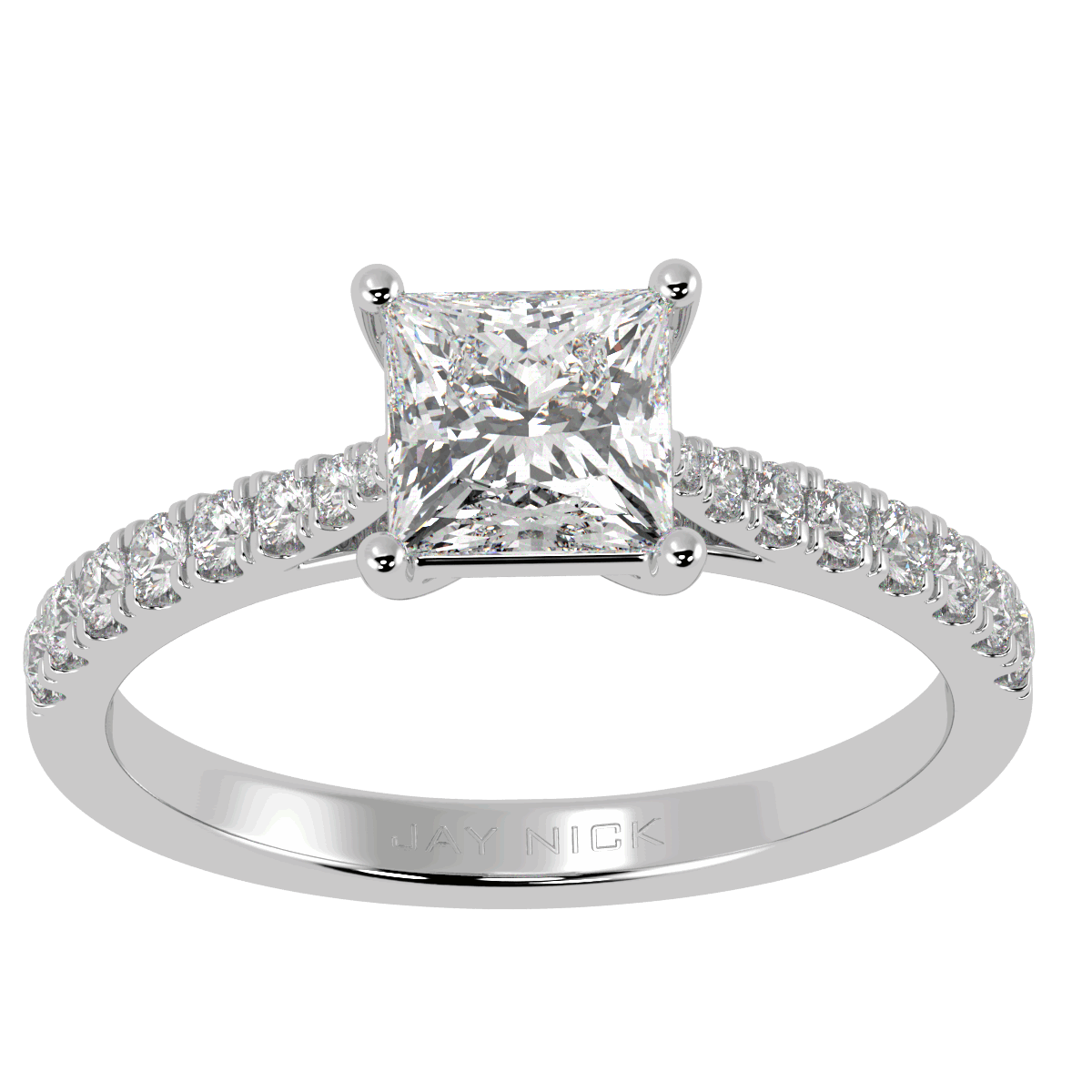 Classic Princess Cut Diamond Shoulder Ring in white gold or platinum, top view