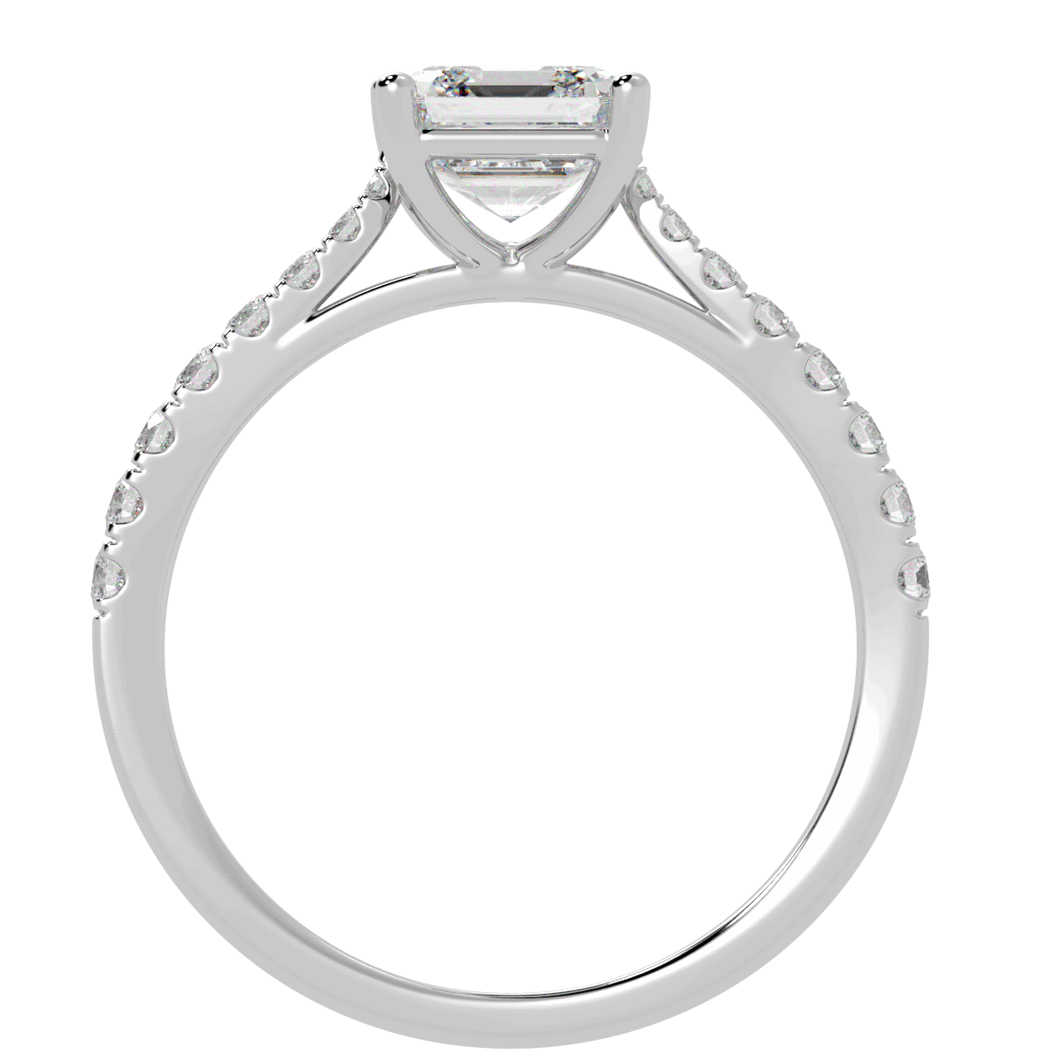 Classic Asscher Cut Diamond Shoulder Ring in white gold or platinum, flat view