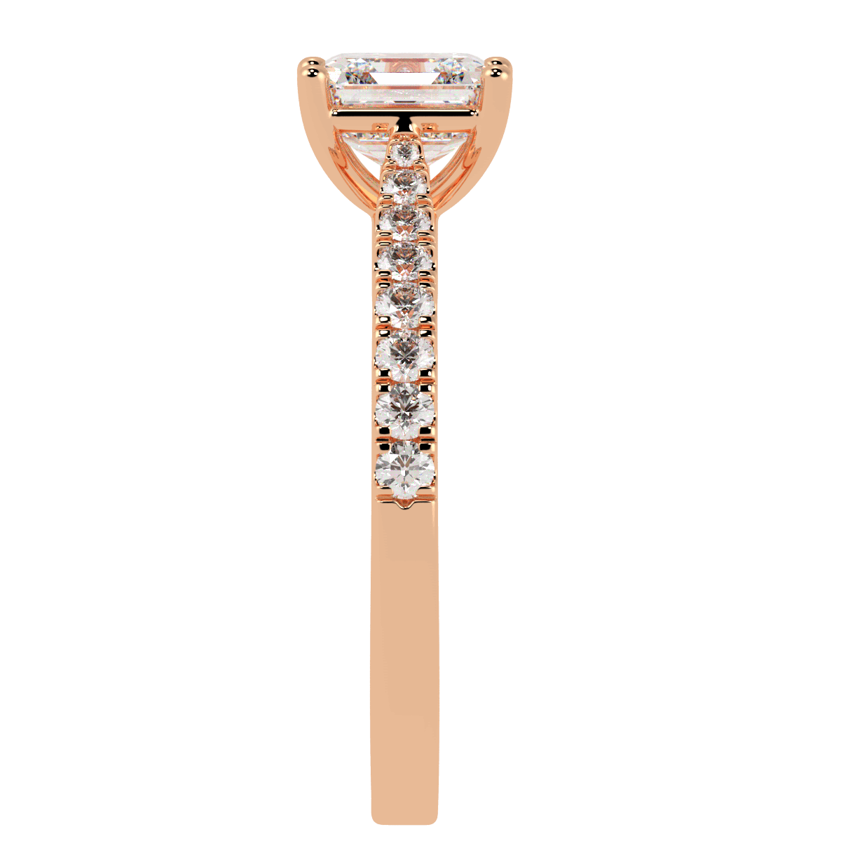 Classic Asscher Cut Diamond Shoulder Ring in rose gold, side view