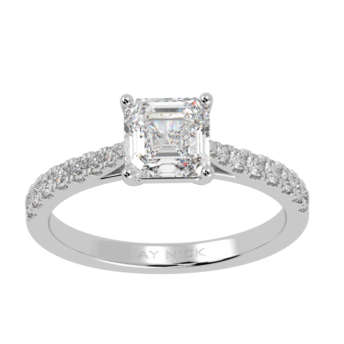 Classic Asscher Cut Diamond Shoulder Ring in white gold or platinum, top view