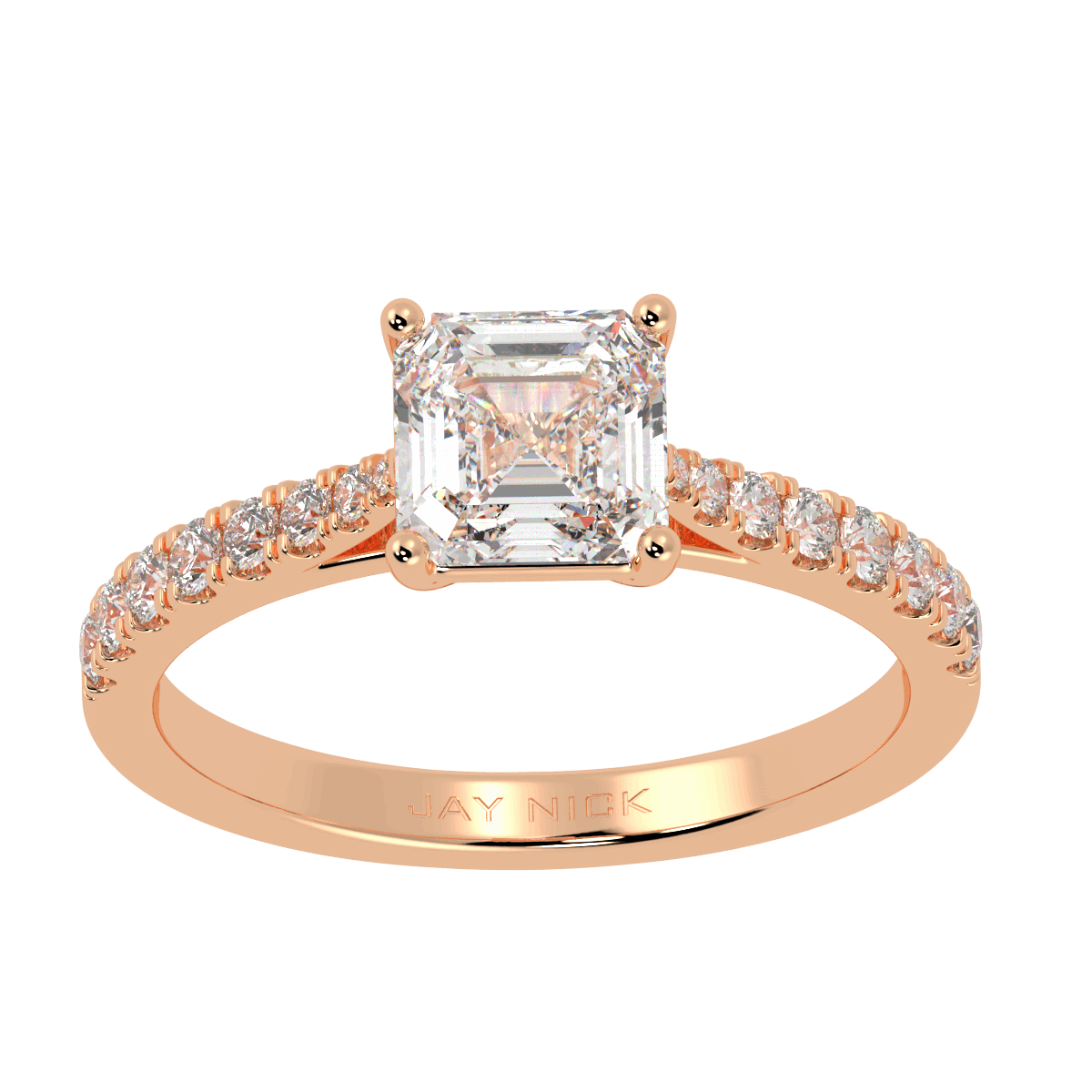 Classic Asscher Cut Diamond Shoulder Ring in rose gold, top view