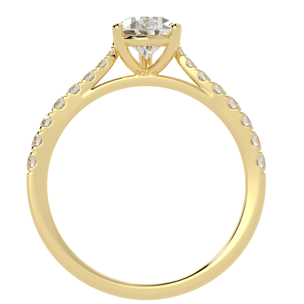 Classic Pear Cut Diamond Shoulder Ring in yellow gold, flat view