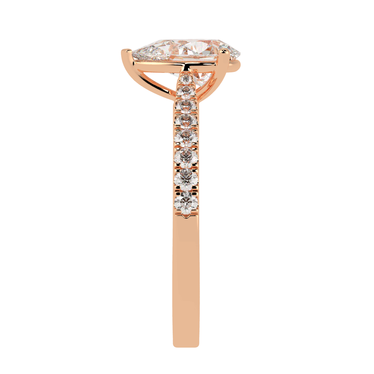 Classic Pear Cut Diamond Shoulder Ring in rose gold, side view