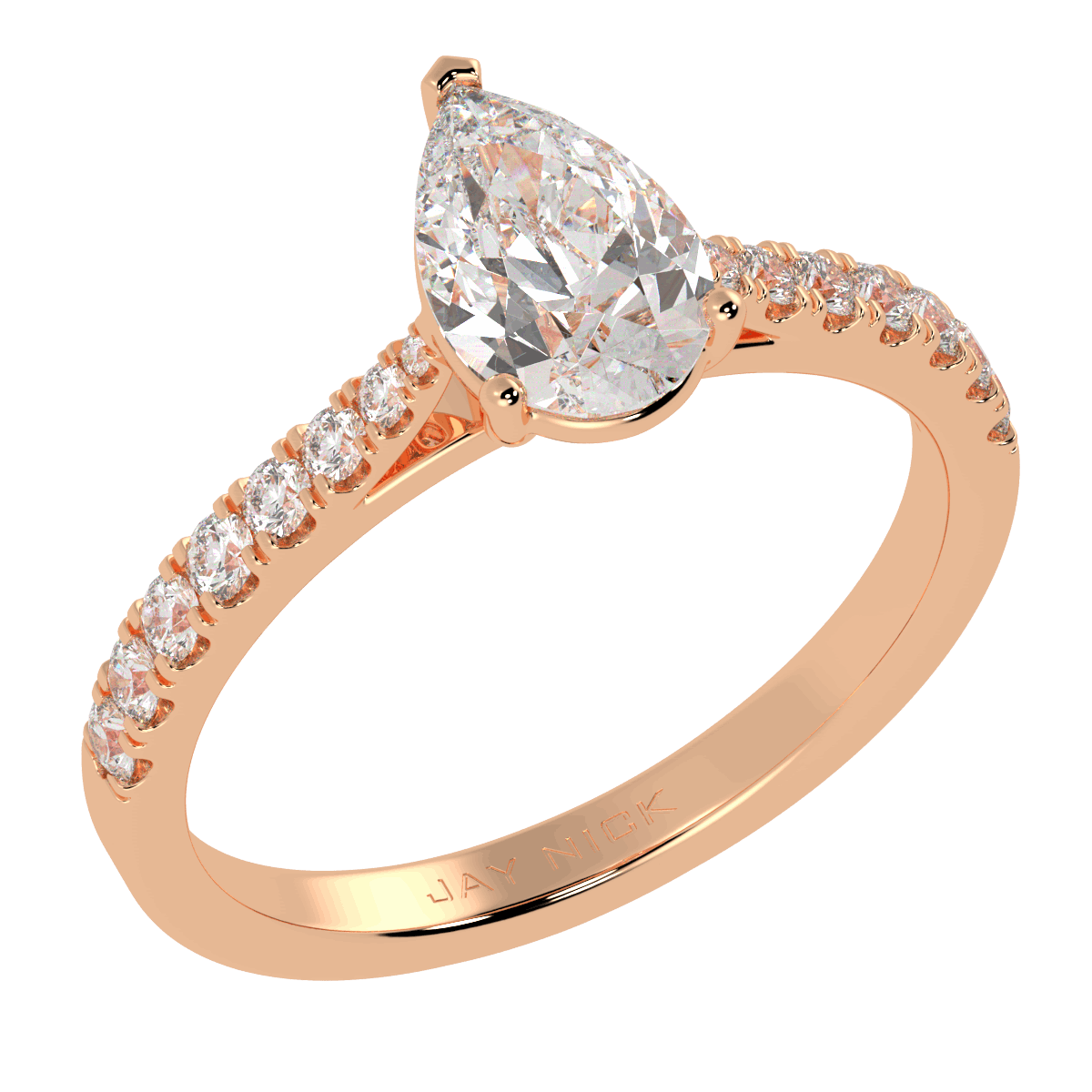 Classic Pear Cut Diamond Shoulder Ring in rose gold, perspective view