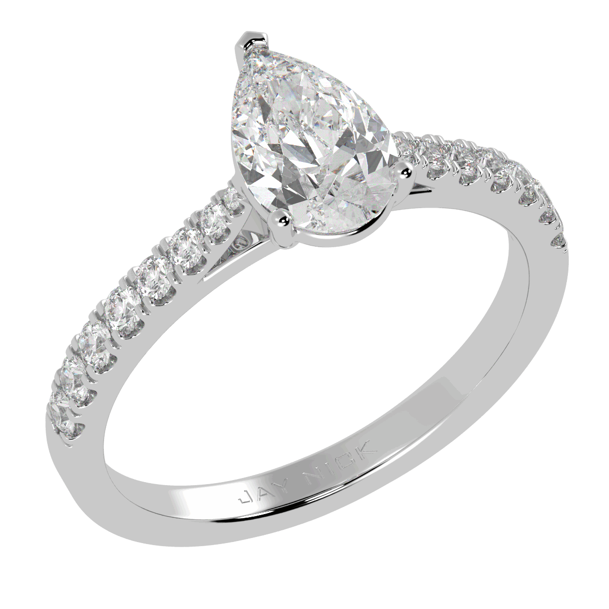 Classic Pear Cut Diamond Shoulder Ring in white gold or platinum, perspective view