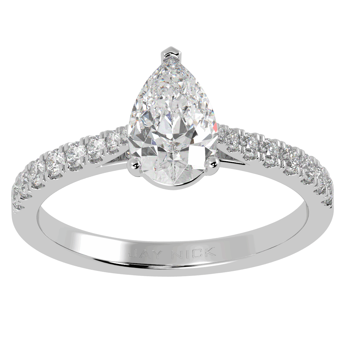 Classic Pear Cut Diamond Shoulder Ring in white gold or platinum, top view