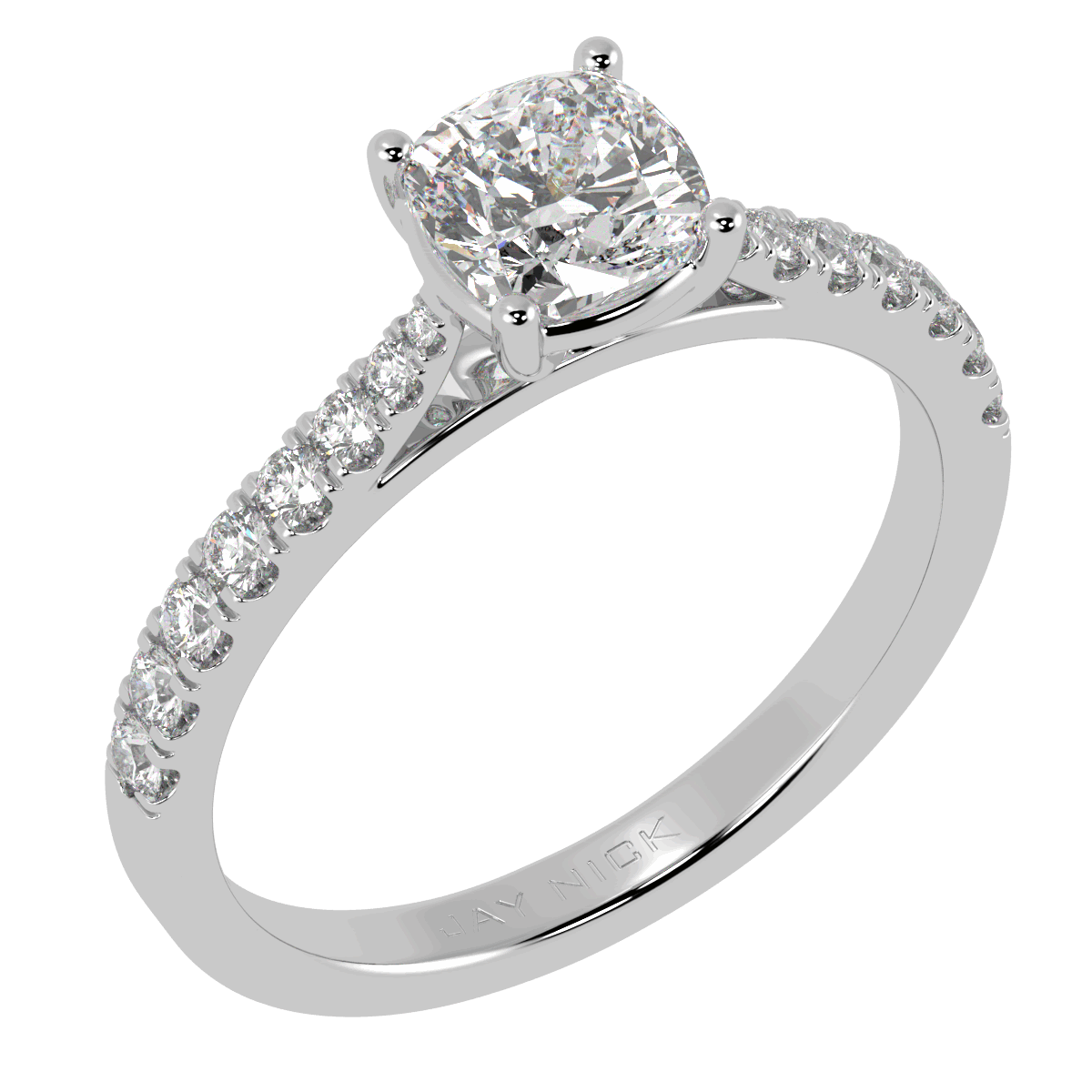 Classic Cushion Cut Diamond Shoulder Ring in white gold or platinum, perspective view
