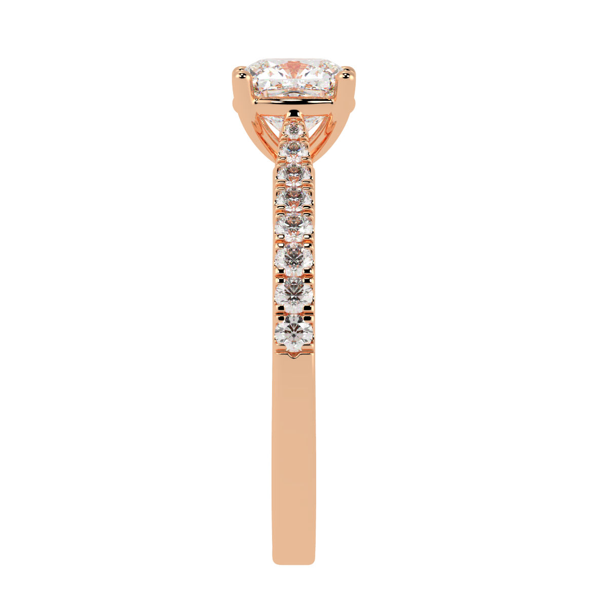 Classic Cushion Cut Diamond Shoulder Ring in rose gold, side view