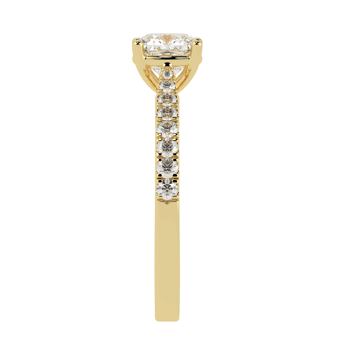 Classic Cushion Cut Diamond Shoulder Ring in yellow gold, side view