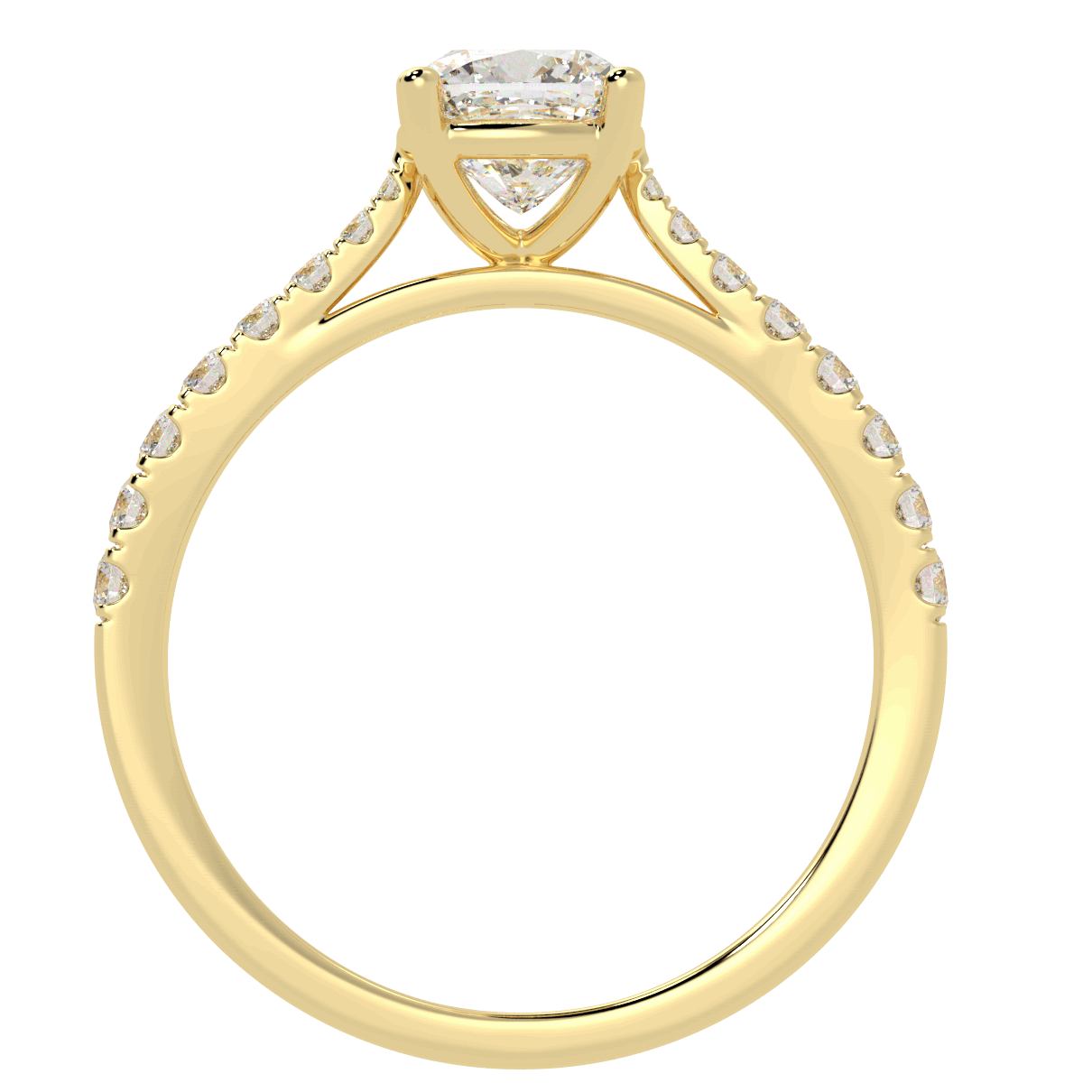 Classic Cushion Cut Diamond Shoulder Ring in yellow gold, flat view