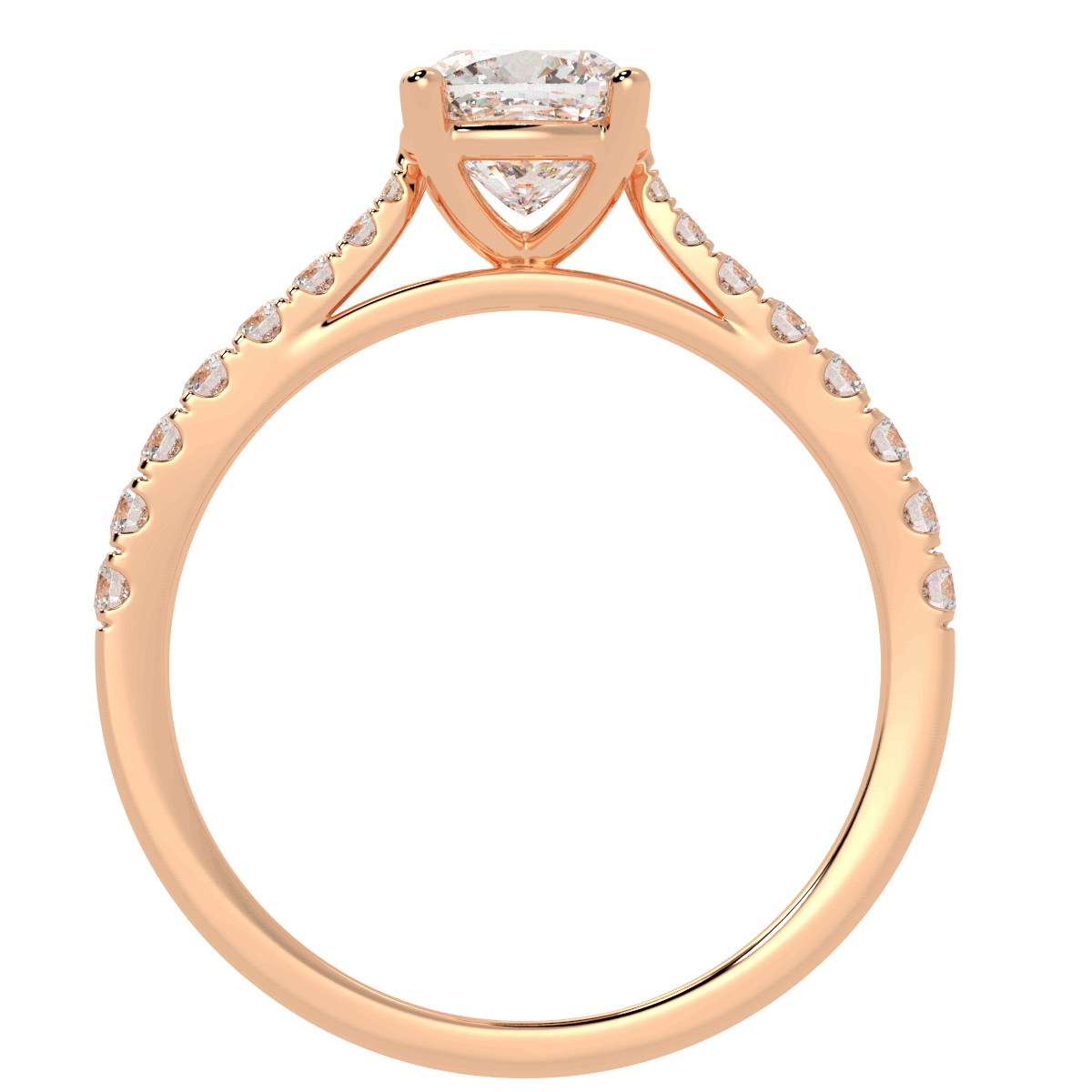 Classic Cushion Cut Diamond Shoulder Ring in rose gold, flat view