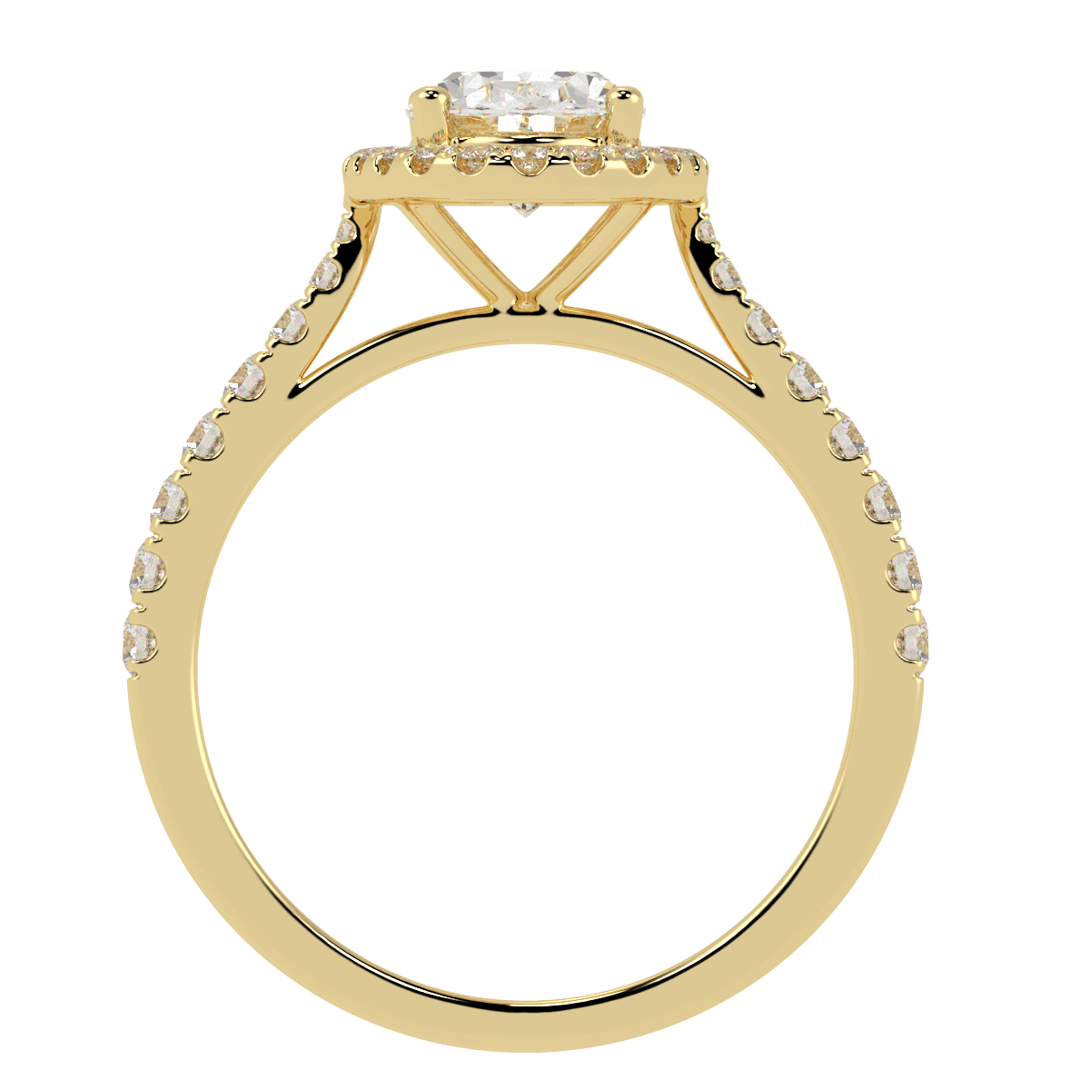 Classic Oval Cut Halo Ring in yellow gold, flat view
