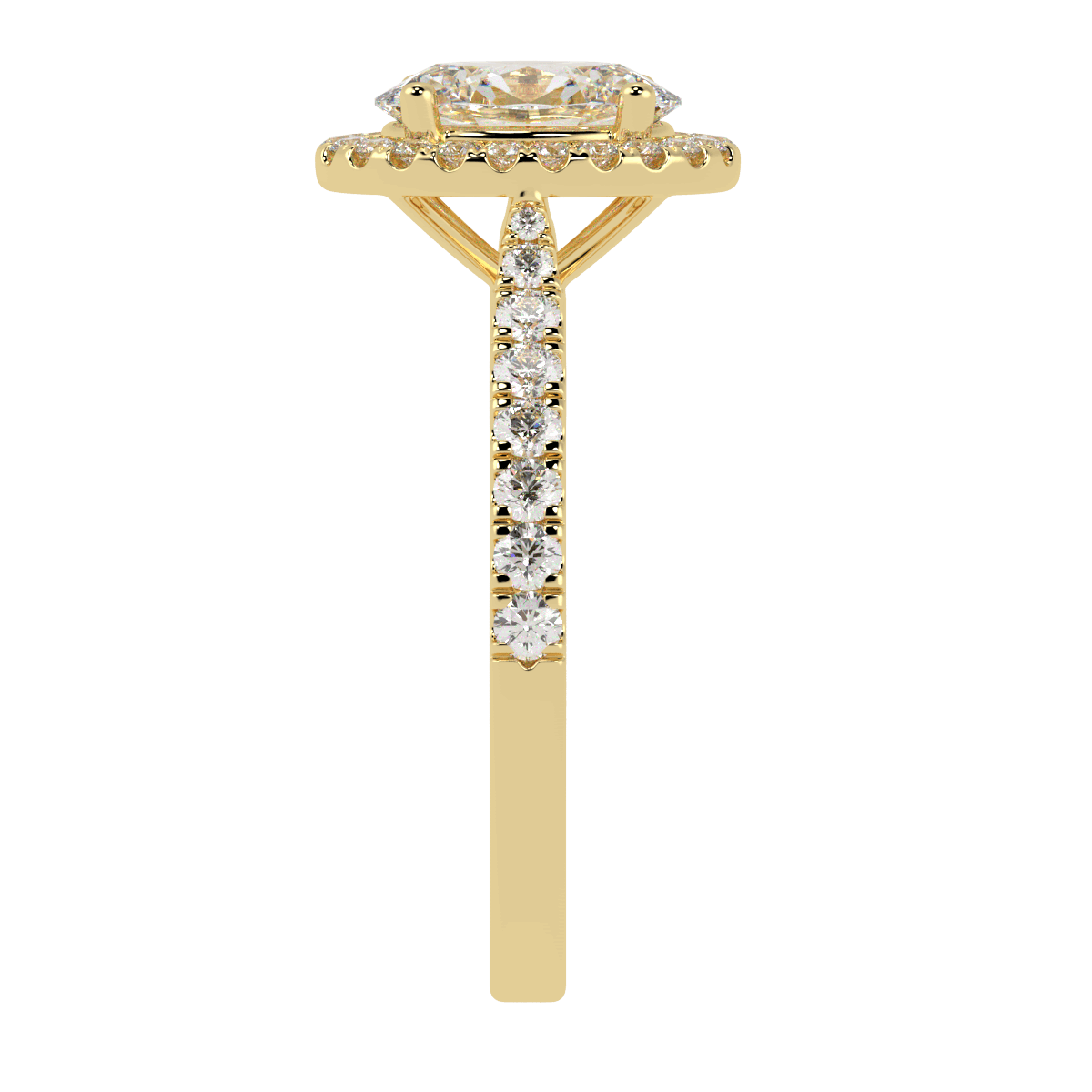 Classic Oval Cut Halo Ring in yellow gold, side view