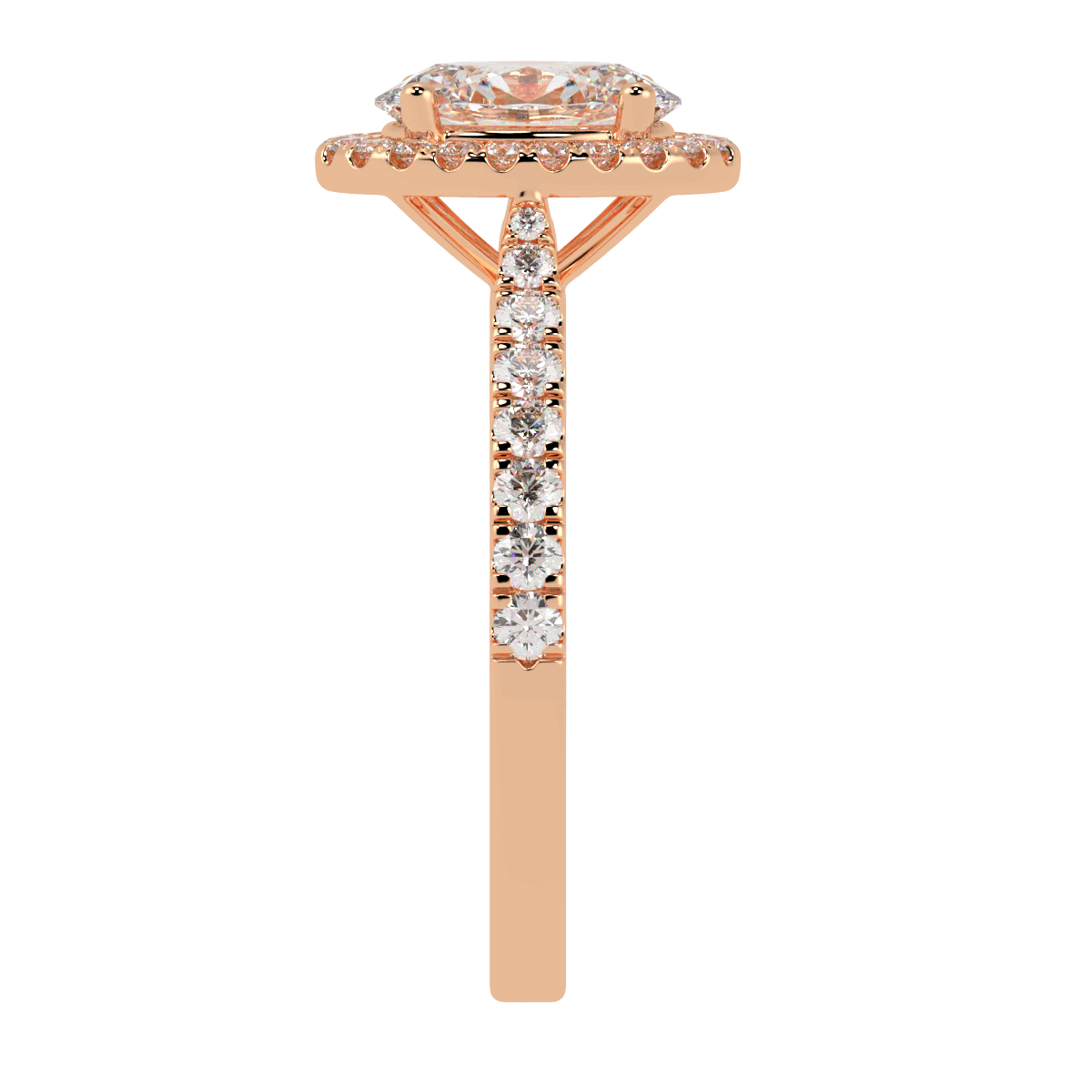 Classic Oval Cut Halo Ring in rose gold, side view