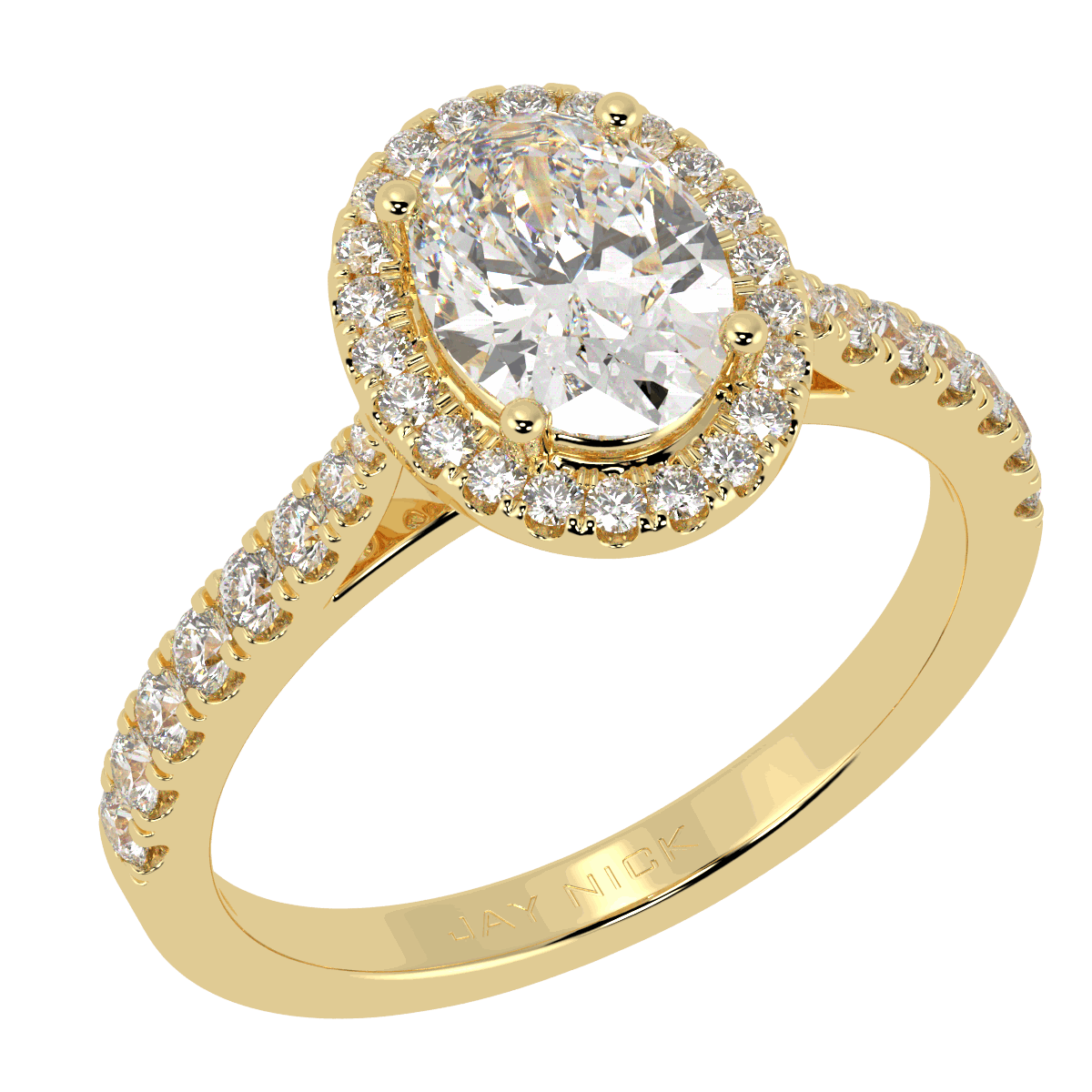 Classic Oval Cut Halo Ring in yellow gold, perspective view