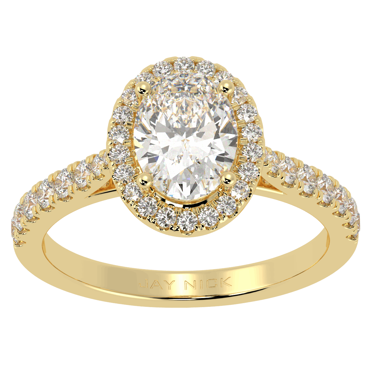 Classic Oval Cut Halo Ring in yellow gold, top view