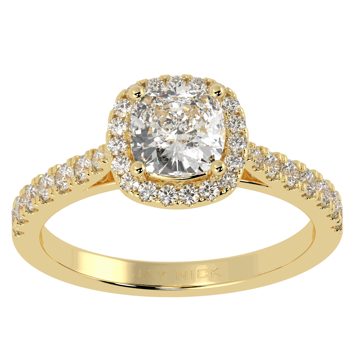 Classic Cushion Cut Halo Ring in yellow gold, top view